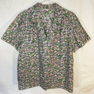 Vintage 5 Saisons Floral Short Sleeves Blouse w/ Collar - Size M